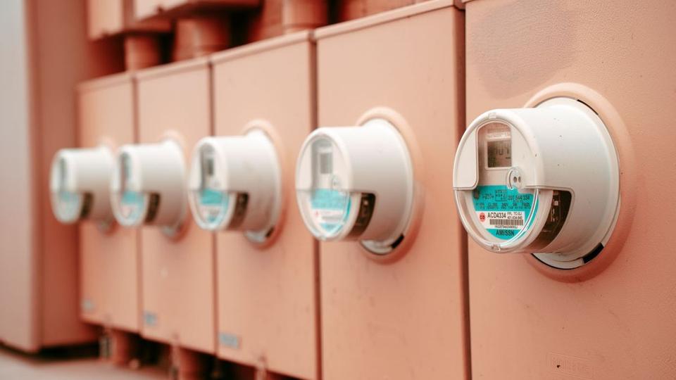 Row of electricity meters on an outside wall